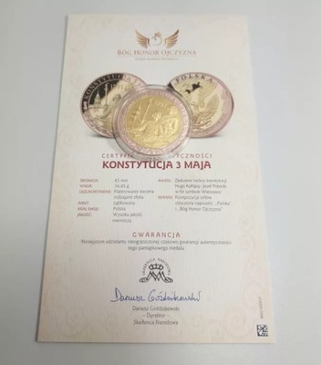 MEDAL KONSTYTUCJA 3 MAJA 34,45G CERTYFIKAT