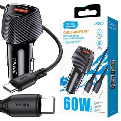 Ładowarka Samochodowa typ-C+USB QC3.0 ŁADOWANIE PD60W KABEL typ C-C