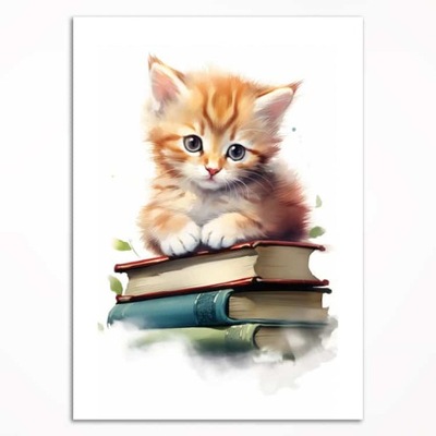 Plakat - Kotek z książkami - 29,7x42 cm