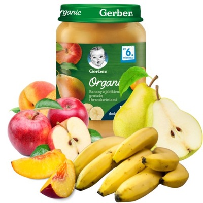 Deserek Banany z Jabłkiem Gruszką i Brzoskwiniami Gerber Organic 6 m+ 190 g