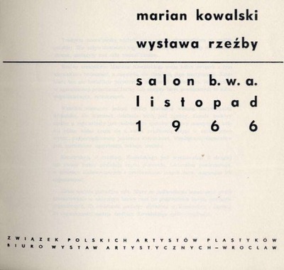 Marian Kowalski. Wystawa rzeźby 1966