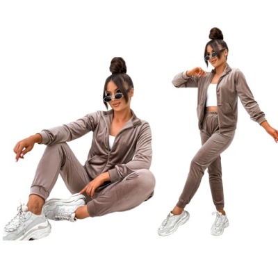 Dres Welurowy Damski Komplet Rozpinany CAPPUCCINO Bluza Spodnie Modny L/XL