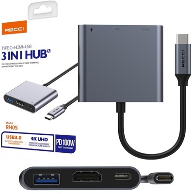 ADAPTER PRZEJŚCIÓWKA 3w1 HUB USB-C do HDMI 4K UHD USB 3.0 USB C 100W RECCI