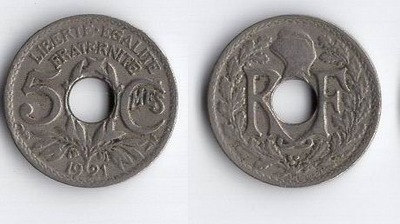 FRANCJA 1921 5 CENTIMES MNIEJSZA