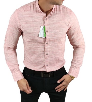 Koszula lniana grubsza ze stójką slim fit różowa