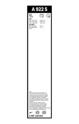 BOSCH ESCOBILLAS A922S AEROTWIN 500MM BMW 1 E81 E82 E87 E88 06.04-05.15  