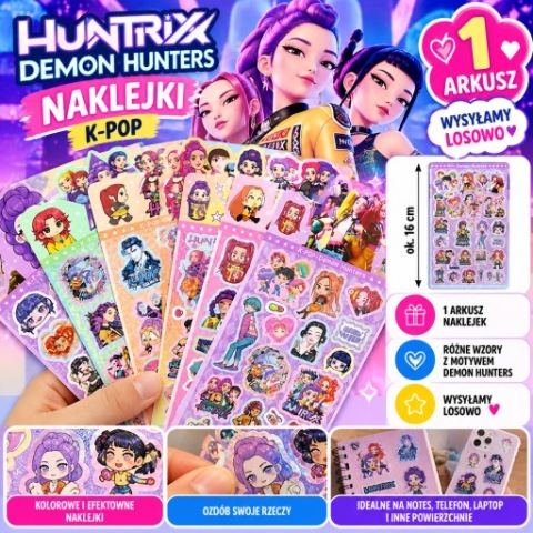 Naklejki Demon Hunters K-POP Huntrix – 1 arkusz ok. 16 cm, wzór losowy