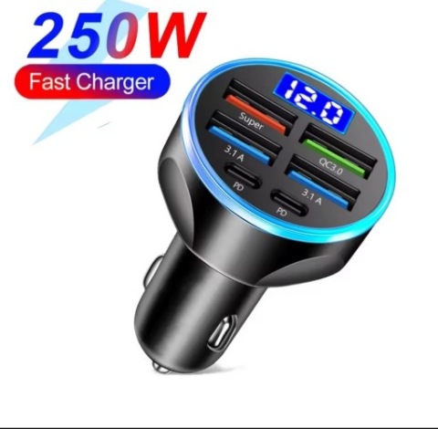ЗАРЯДНИЙ ПРИСТРІЙ АВТОМОБІЛЬНА 250W 6X USB PD QC3.0 СУПЕР FAST CHARGER LED (СВІТЛОДІОД) 