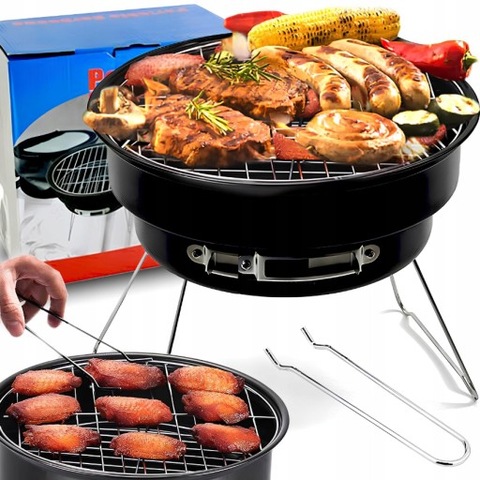 MAŁY GRILL PRZENOŚNY WĘGLOWY TURYSTYCZNY OKRĄGŁY Z UCHWYTEM SKŁADANY