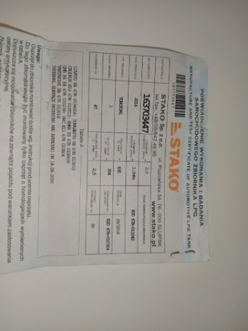 Dokument LPG Stako 47l. ważny do 09.2026rok