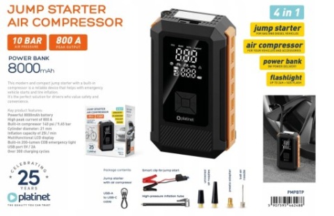 PLATINET POWER BANK CAR JUMP СТАРТЕР WITH AIR COMPRESSOR 8000MAH 800A 