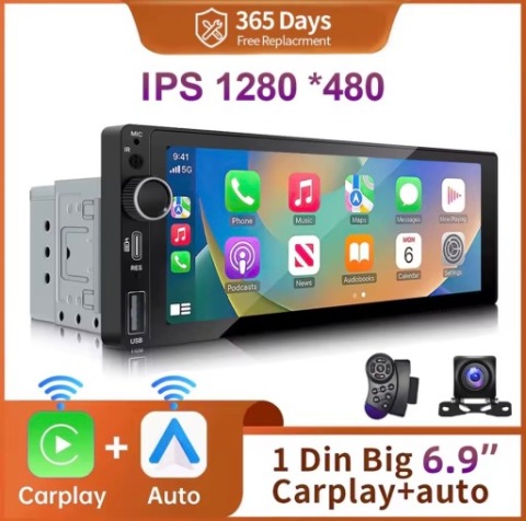 РАДІО АВТОМОБІЛЬНИЙ 1DIN 6.9” IPS | CARPLAY | ANDROID АВТО | BLUETOOTH 