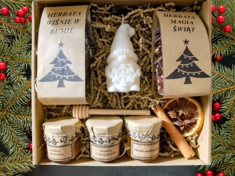 Box  prezent, herbaty, miód, czerpak, świeczka sojowa świąteczny skrzat