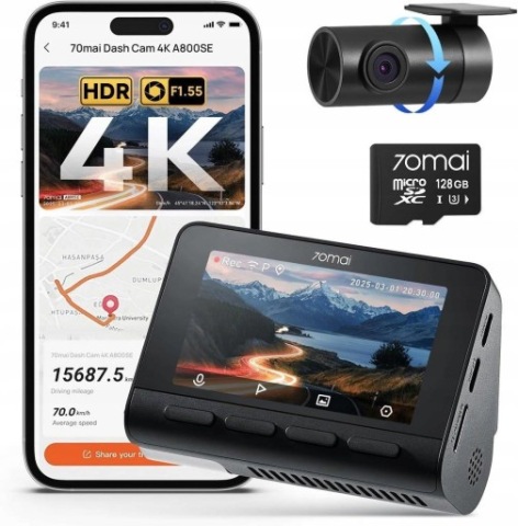 70MAI A800SE 4K КОМПЛЕКТ ПЕРЕД ПЛЮС ЗАД НОВЫЙ ZAFOLIOWANY КАРТА 128GB 