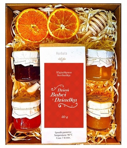 Kosz upominkowy dla na dzień babci i dziadka miód,konfitura,herbata box 