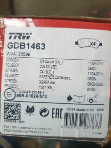 КОЛОДКИ ПЕРІД TRW GDB 1463 PEUGEOT208,207,206,1007,CITROEN C4,DS,CORSA 
