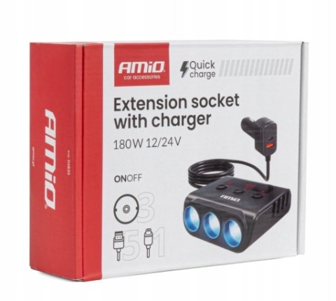 РАСПРЕДЕЛИТЕЛЬ ГНЕЗДА ПРИКУРИВАТЕЛЯ 12V/24V 3X USB QC 3.0 TYPE-C AMIO 180W 
