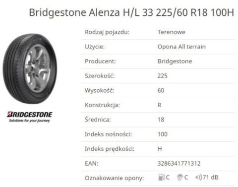 TANIE ШИНИ ЛІТНІ BRIDGESTONE ALENZA H/L 33 100H 225/60R18 