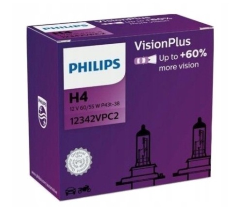 ЛАМПОЧКИ PHILIPS H4 12V 60/55W P43T НІЧНОГО БАЧЕННЯ ПЛЮС +60% 2 ШТУКИ ОРИГІНАЛ 