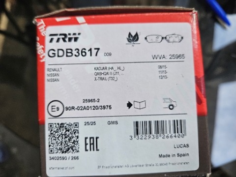 КОЛОДКИ ГАЛЬМІВНЕ ЗАД GDB3617 TRW NISSAN QASHAI RENAULT KADJAR 