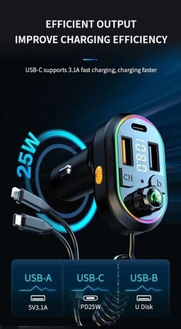 AUTO TRANSMITTER BLUETOOTH 5.0 FM 25W Z CABLE  