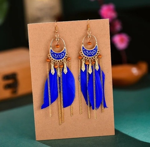 Kolczyki niebiesko zlote pióra boho bal wesele