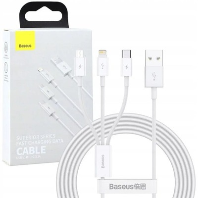 Baseus Superior kabel 3w1 USB do microUSB USB-C Lightning 1,2m 3,5A Biały