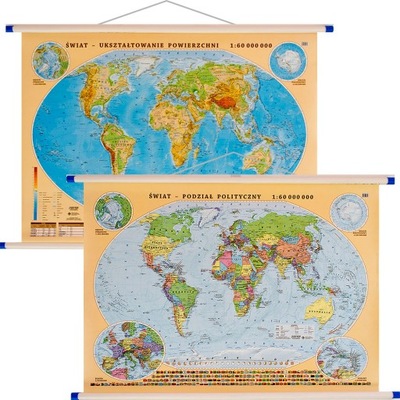 Świat mapa ścienna dwustronna fizyczno-polityczna 1:60 000 000