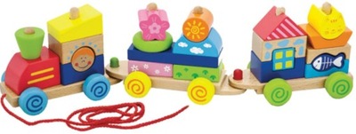 Kolorowa drewniana kolejka z wagonikami do ciągania Viga Toy klocki