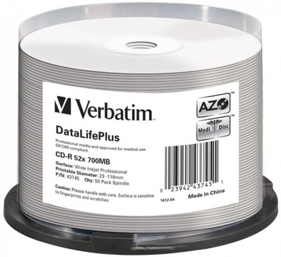 Płyta CD-R Verbatim CD-R 52x 700MB 50P CB DL Printable Azo 43745