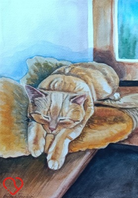 Akwarela ze śpiącym kotem, ręcznie malowana, oryginał
