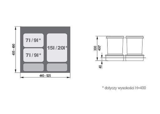КРУИЗ Контейнер для мусора для ящика PRAKTIKO 60 20+2x9л h- 40см