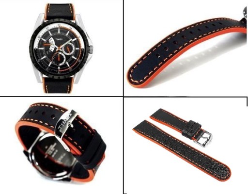 Кожаный ремешок для часов Timex диаметром 22 мм черного и оранжевого цвета.