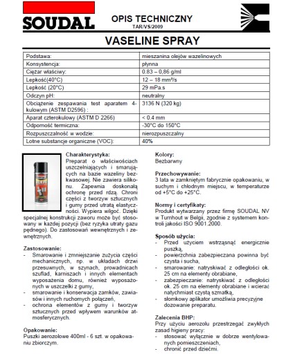 Вазелиновая смазка в аэрозоле 400 SOUDAL VASELINE SPRAY