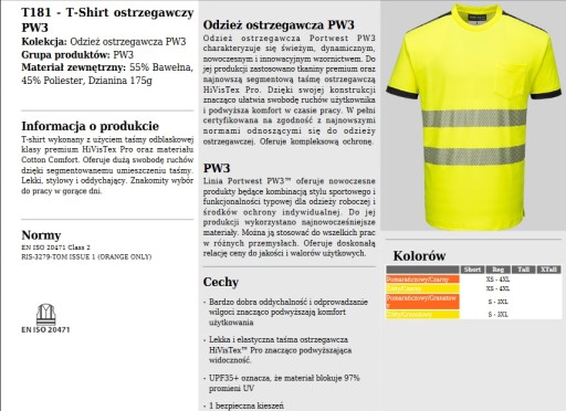 PORTWEST T181 РАБОЧАЯ ФУТБОЛКА СО СВЕТООТРАЖАЮЩЕЙ СВЯЗЬЮ PW3 XL