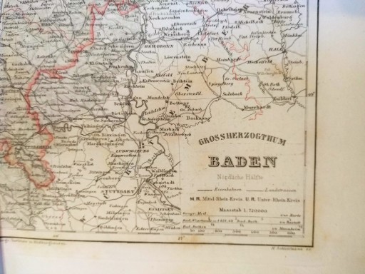 СТАРАЯ КАРТА ГРОСШЕРКОГТУМА БАДЕН-НОРДА, ГРАФИКА 1869 ГОДА