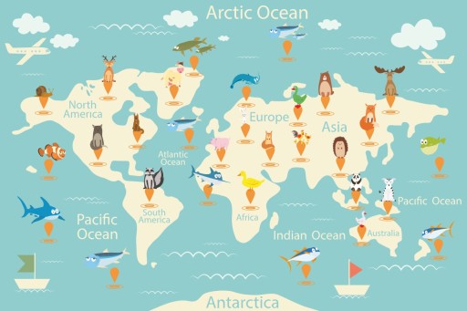 Fototapeta dla dzieci mapa kontynenty oceany