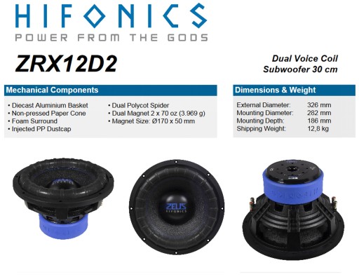 HiFonics ZRX12D2 сабвуфер автомобильный динамик 300 мм RMS мощность 1000 Вт 2x2 Ом