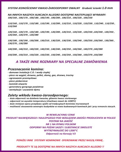 WKŁAD KOMIN OWAL 110/220 13 m ŻAROODPORNY 1 mm KOZA K5 K6 K7 K8 K9 K10 KOZA
