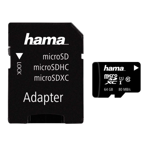 Карта памяти Hama microSDXC 64 ГБ + SD-адаптер 80 МБ/с, класс C10 x5