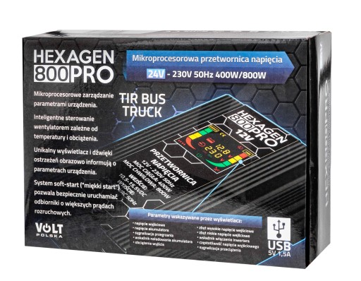 АВТОМОБИЛЬНЫЙ ПРЕОБРАЗОВАТЕЛЬ 24 В 230 В HEXAGEN 800 Вт ЖК-дисплей