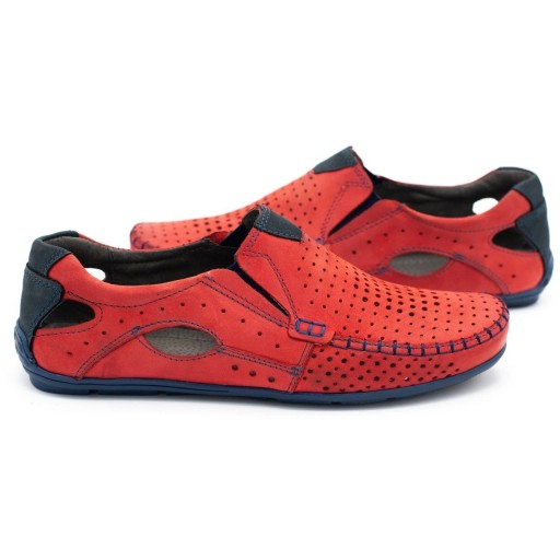Buty męskie mokasyny skórzane na lato ażurowe POLSKIE 901 czerwone 47