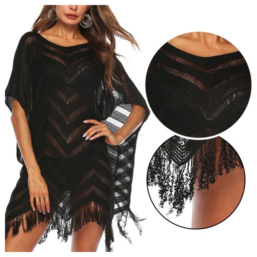 Czarne PAREO tunika plażowa LUŹNA sukienka BOHO