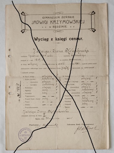 1921 БЕДЗИНСКАЯ ЧАСТНАЯ СРЕДНЯЯ ШКОЛА ЯДВИГА КРЖИМОВСКАЯ АВТОГРАФ СВИДЕТЕЛЬСТВО
