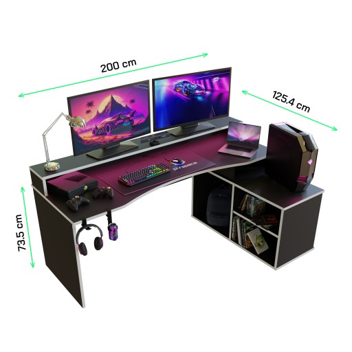 Черно-белый игровой стол, большая полка, 200 см, 2 м, полка SUPERNOVA214 LED