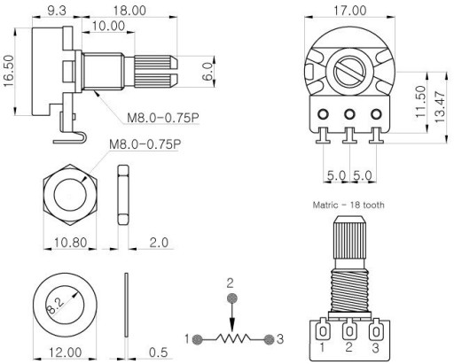 Potencjometr gitarowy Partsland 1718H 25k/A