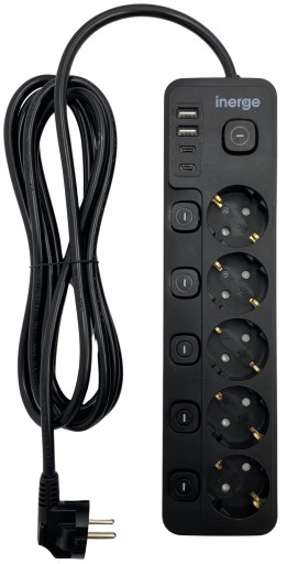 УДЛИНИТЕЛЬ ПИТАНИЯ 5 РОЗЕТОК 3 м 4x USB-ЗАРЯДНОЕ УСТРОЙСТВО 3x1,5 мм² 5x светодиодов