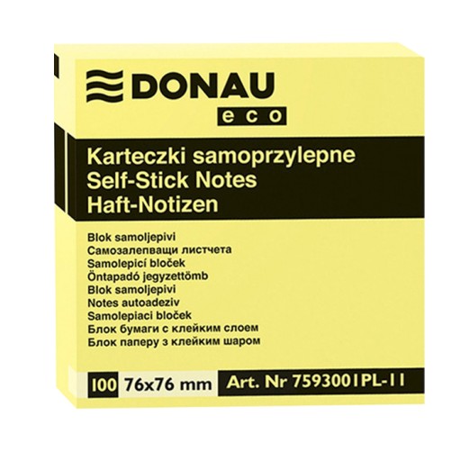 BLOCZEK SAMOPRZYLEPNY DONAU ECO, 76X76MM, 10x100 KART., JASNOŻÓŁTY