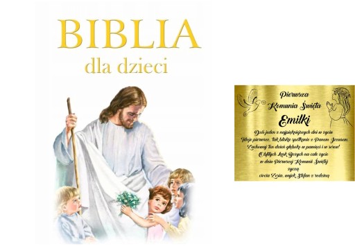 Biblia dla Dzieci Bogato ilustrowane Pismo + TABLICZKA GRAWER IMIĘ KOMUNIA