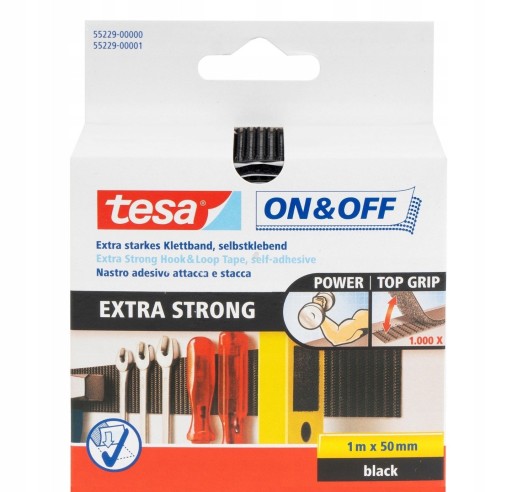 TESA TAŚMA RZEPOWA RZEP SAMOPRZYLEPNY EXTRA STRONG 1M x 50MM CZARNY MOCNY